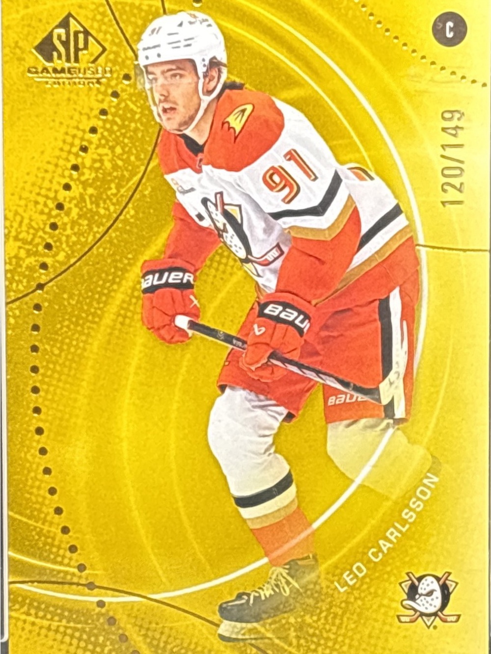 Upper D SP Game Used Gold Parallel Leo Carlsson Hockey Trading Card - LE 120/149